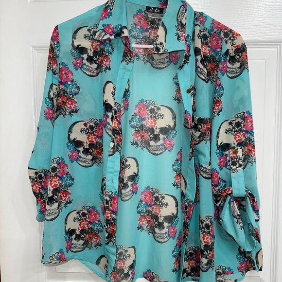 Turquoise blouse with print - Picture 1 of 2